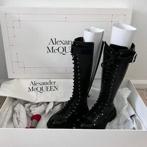 Alexander McQueen glossed leather exaggerated-sole knee boots, IT Size 35
